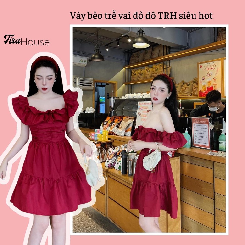Váy trễ vai bèo Tirahouse váy xòe màu đỏ đô siêu tôn da