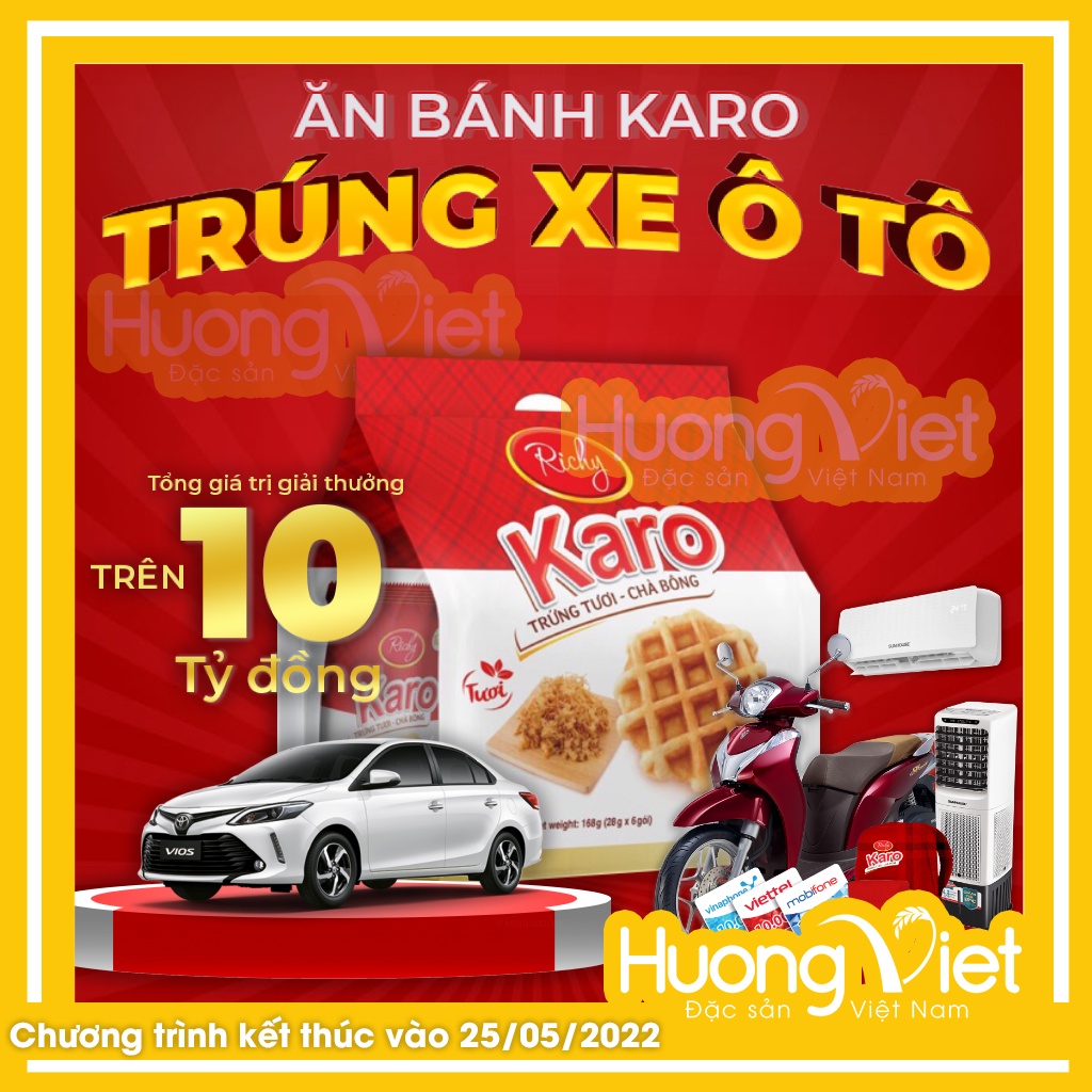 Bánh Karo Richy trứng tươi chà bông sợi gà túi 156g (6 gói x 26g) Date mới, bánh trứng tươi karo mềm ngon, bánh caro