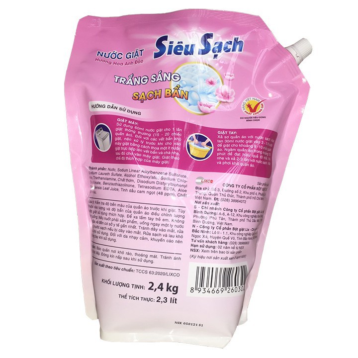Nước giặt LIX Siêu sạch Hương hoa anh đào  túi 2.4KG