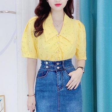 Áo sơ mi bông nhún nút tay phồng CHUU A5231