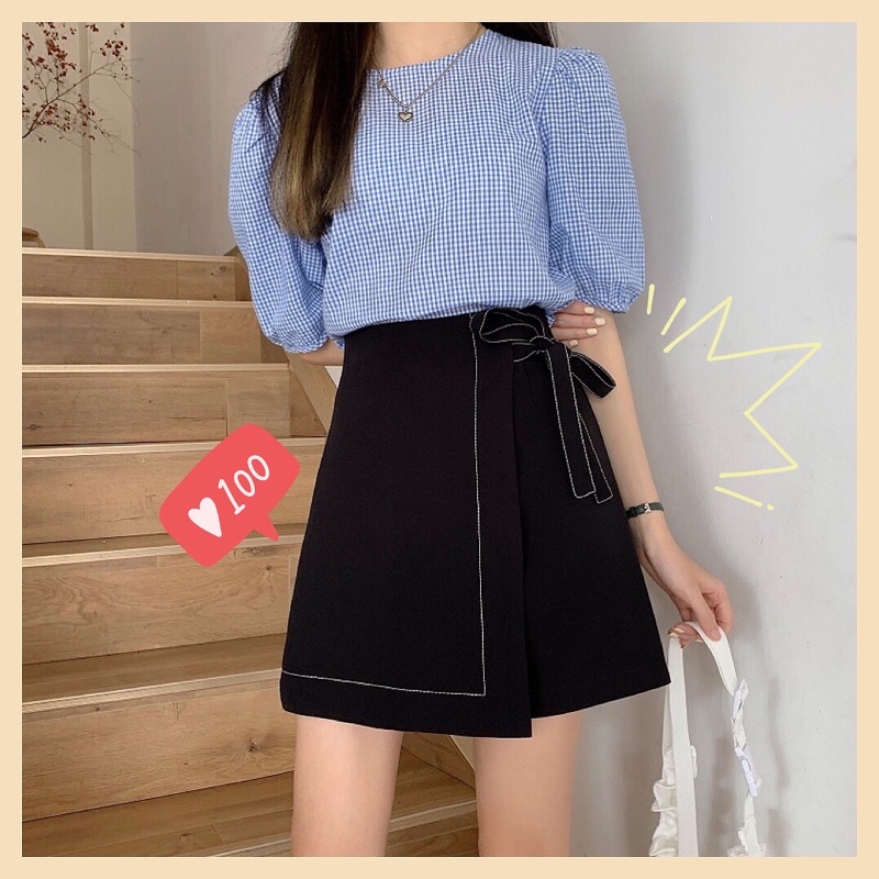 Chân váy nữ chữ a viền trần chỉ nổi Gom buộc nơ eo cách điệu thiết kế 2 lớp chất liệu thoáng mát M350