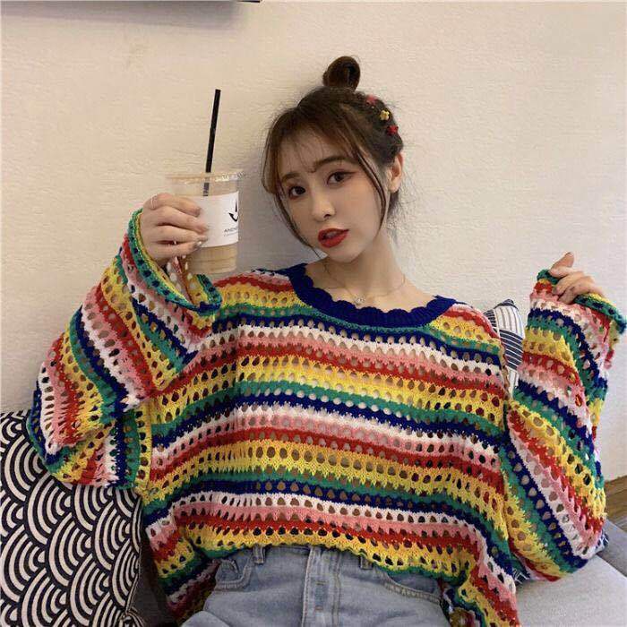 Áo Sweater Tay Dài Dáng Rộng Họa Tiết Kẻ Sọc Thời Trang Thu Đông Hàn Quốc Mới