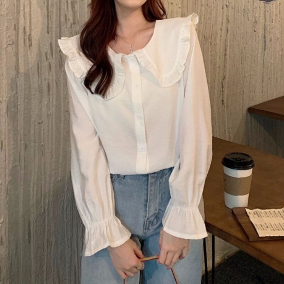 Áo sơ mi nhung cổ búp bê tay dài dáng rộng màu sắc ngọt ngào phong cách Hàn Quốc thời trang mùa xuân cho nữ 2023