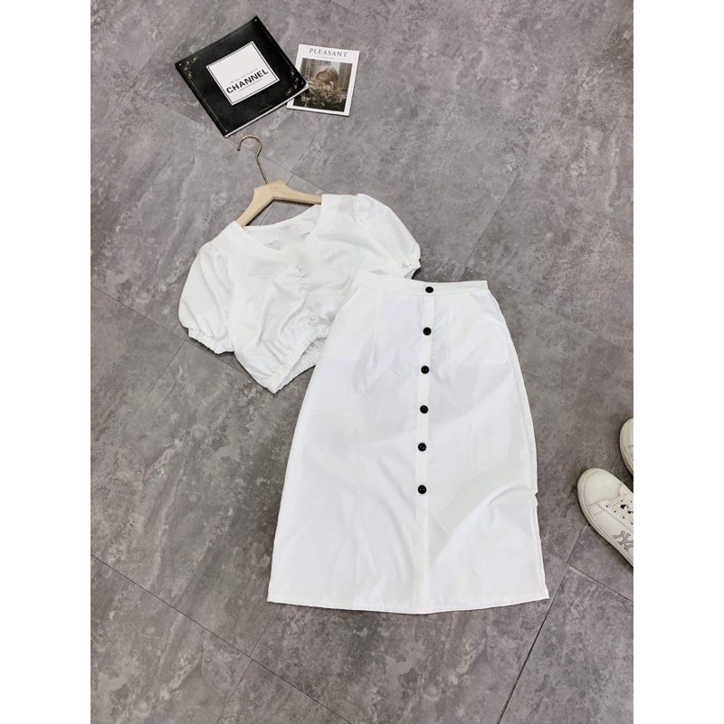 Sét áo croptop tay bồng+chân váy cúc TT12 | BigBuy360 - bigbuy360.vn