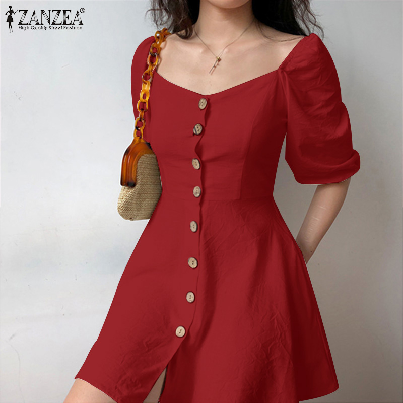 Đầm Ngắn Nữ ZANZEA Màu Trơn Tay Ngắn Cổ Áo Trái Tim Ôm Dáng Thời Trang
