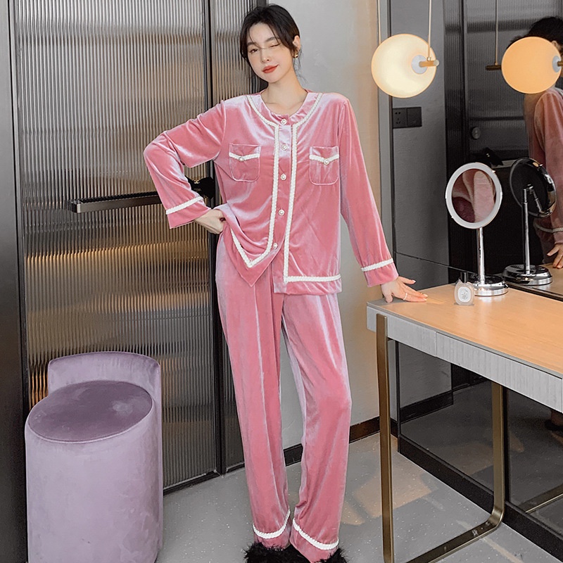 Bộ đồ ngủ cổ tròn bằng nhung nhiều màu sắc thời trang thanh lịch dành cho nữ