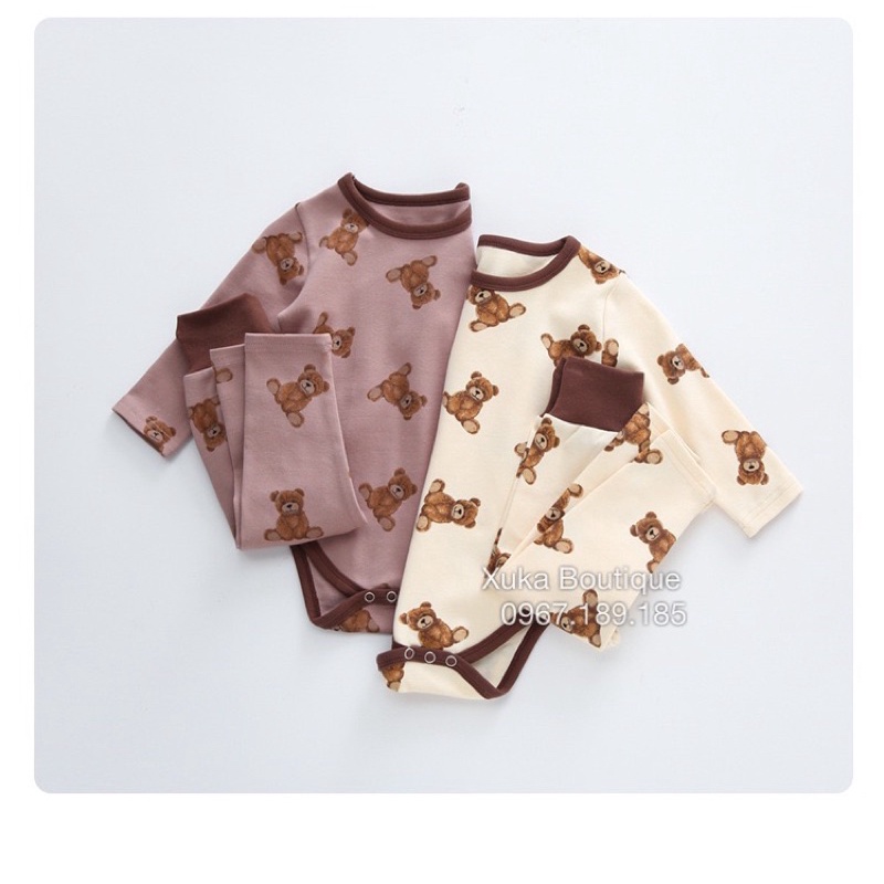Bodysuit Kèm Quần + Mũ Hình Gấu Cao Cấp Cho Bé 0-2 Tuổi Style Hàn Quốc Cotton Dài Tay Thu Đông Cực Đẹp