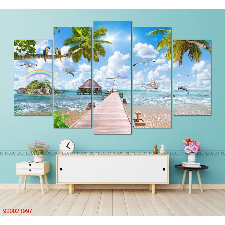 [SALE] bộ 5 tấm tranh treo tường, bờ biển, tranh phòng khách, tranh phong thủy tuyệt đẹp loại 1 giá rẻ 40*80|105|120
