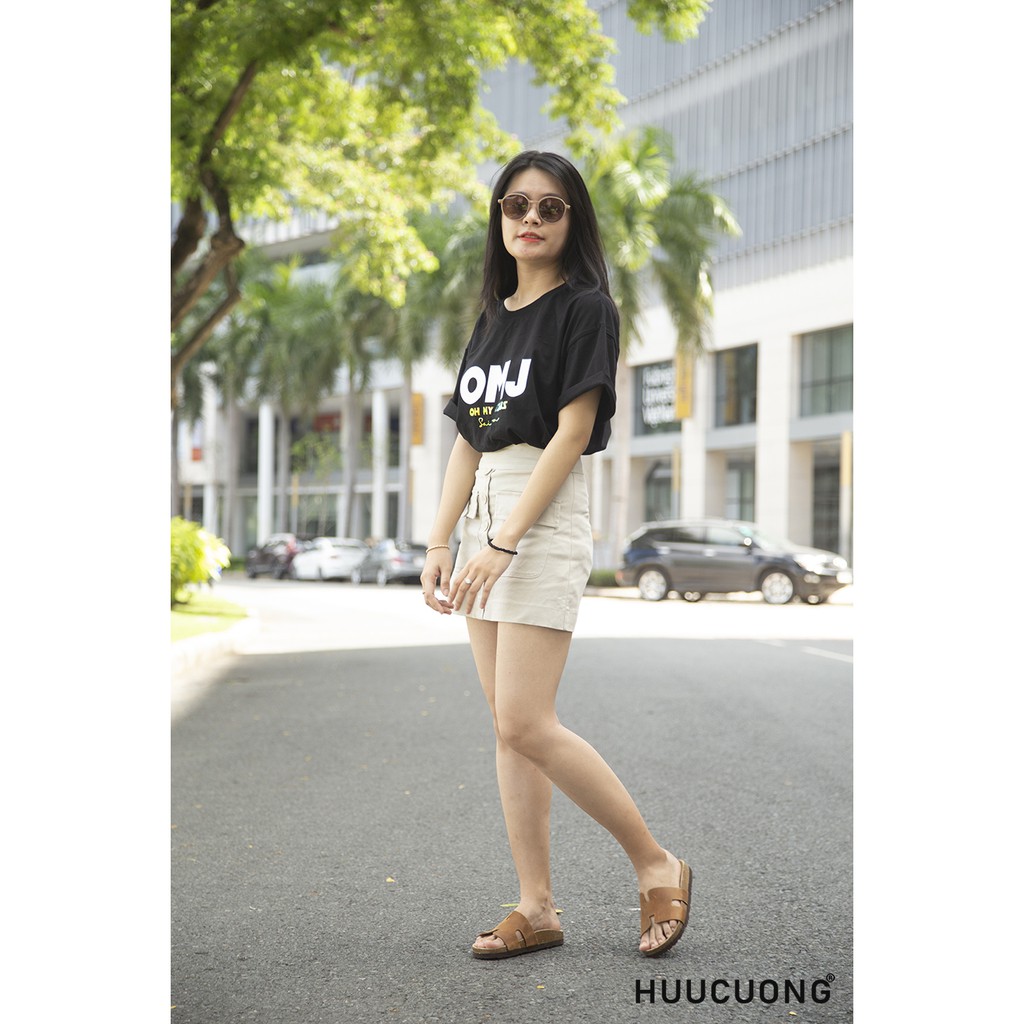 Dép unisex Huucuong chữ H da bò nâu đế trấu