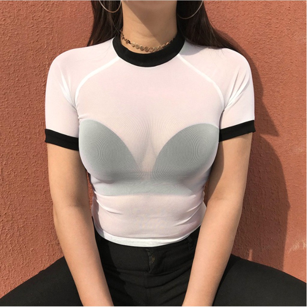 Áo Croptop Phối Lưới Xuyên Thấu Cho Nữ