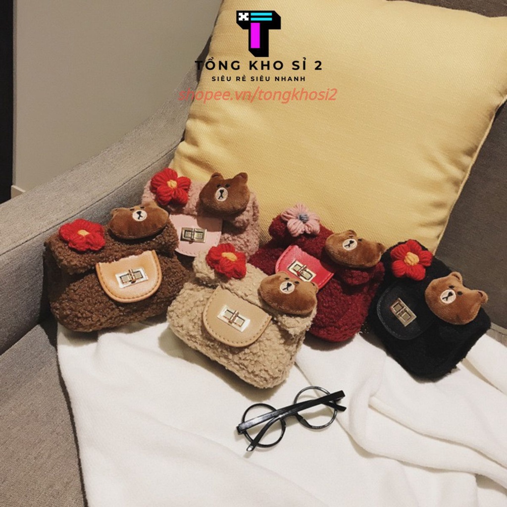 PVN9292 Túi Đeo Chéo Lông Cừu Đính Gấu và hoa T2