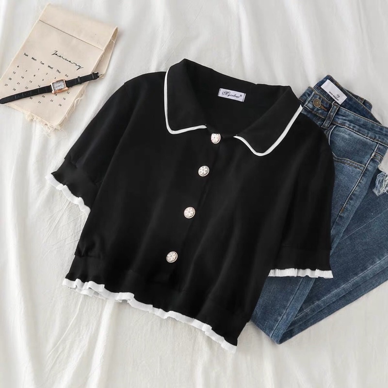 [Order] Áo polo vải len gân hoạ tiết cúc áo xinh xắn ulzzang