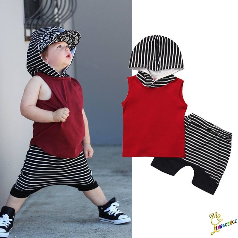 Set áo hoodie không tay + quần đùi họa tiết sọc đáng yêu cho bé trai
