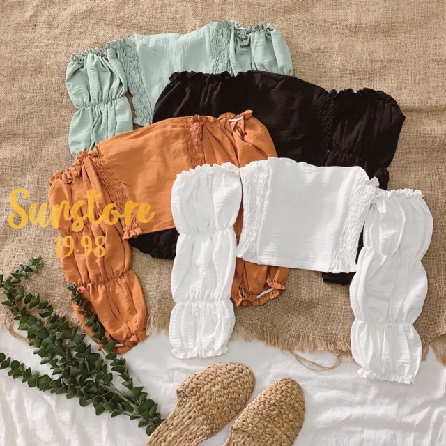 Áo croptop tay dài rớt vai nhún chun tay bo phồng độc đáo nữ tính cực kì