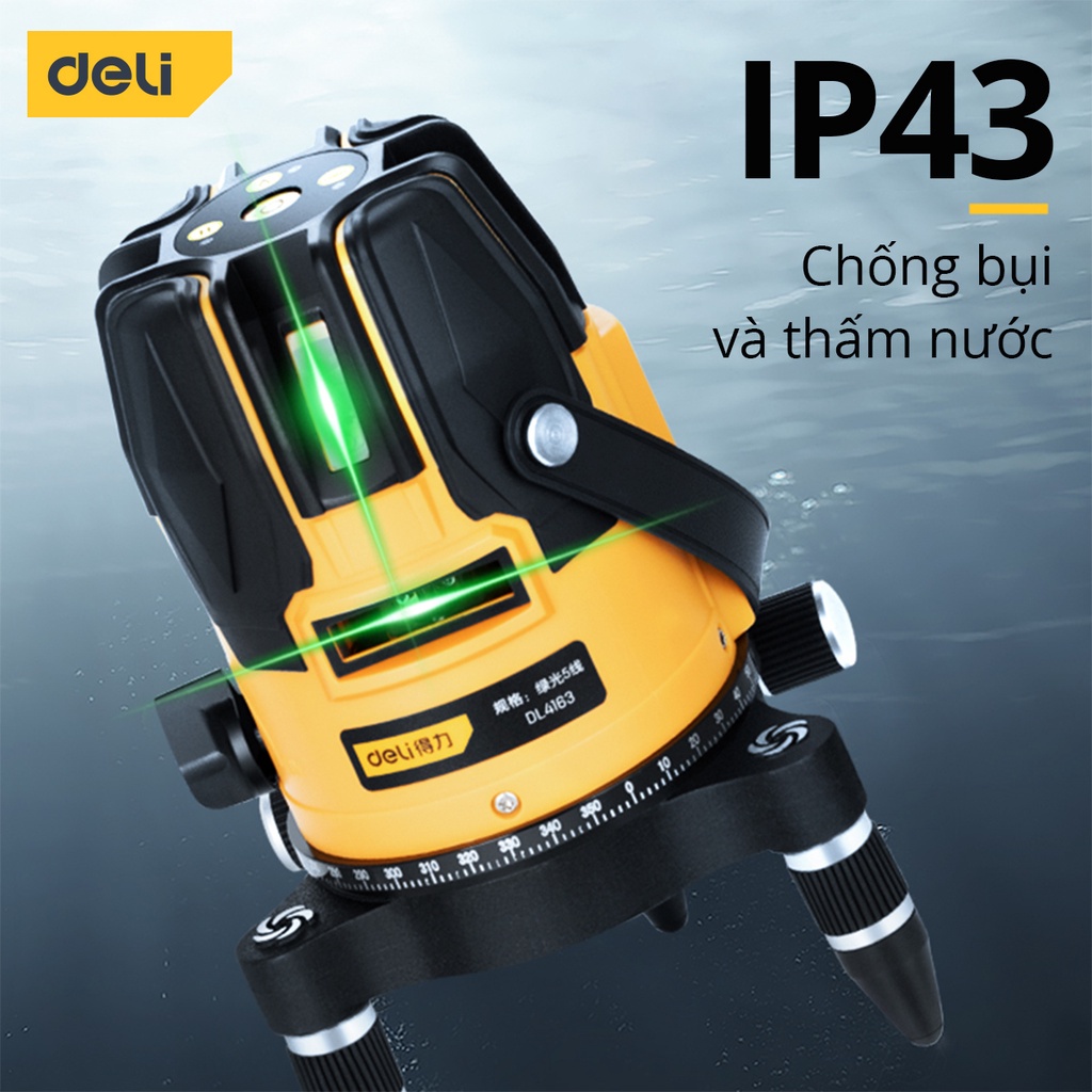 Máy Cân Bằng Laser 5 Tia Màu Xanh DELI - Chế Độ Pin Kép, Chống Nước, Chống Bụi - Đầy Đủ Phụ Kiện - Mã SP DL4163