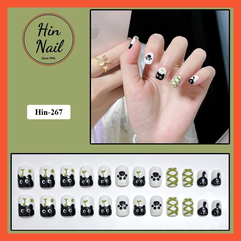 móng tay giả kèm keo họa tiết con mèo cute dễ thương
