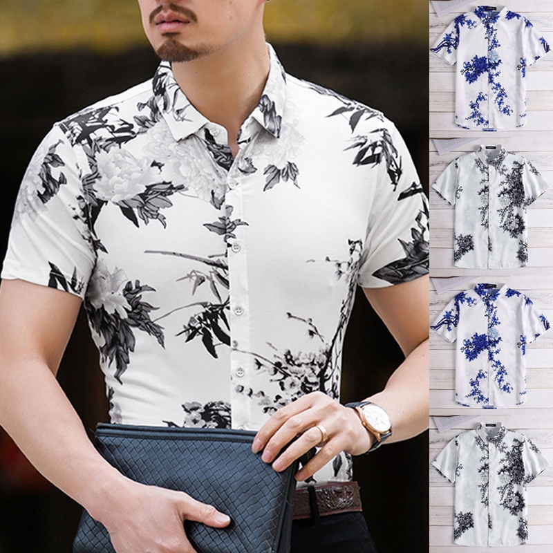 Áo sơ mi INCERUN tay ngắn cổ bẻ in họa tiết cho nam giới
