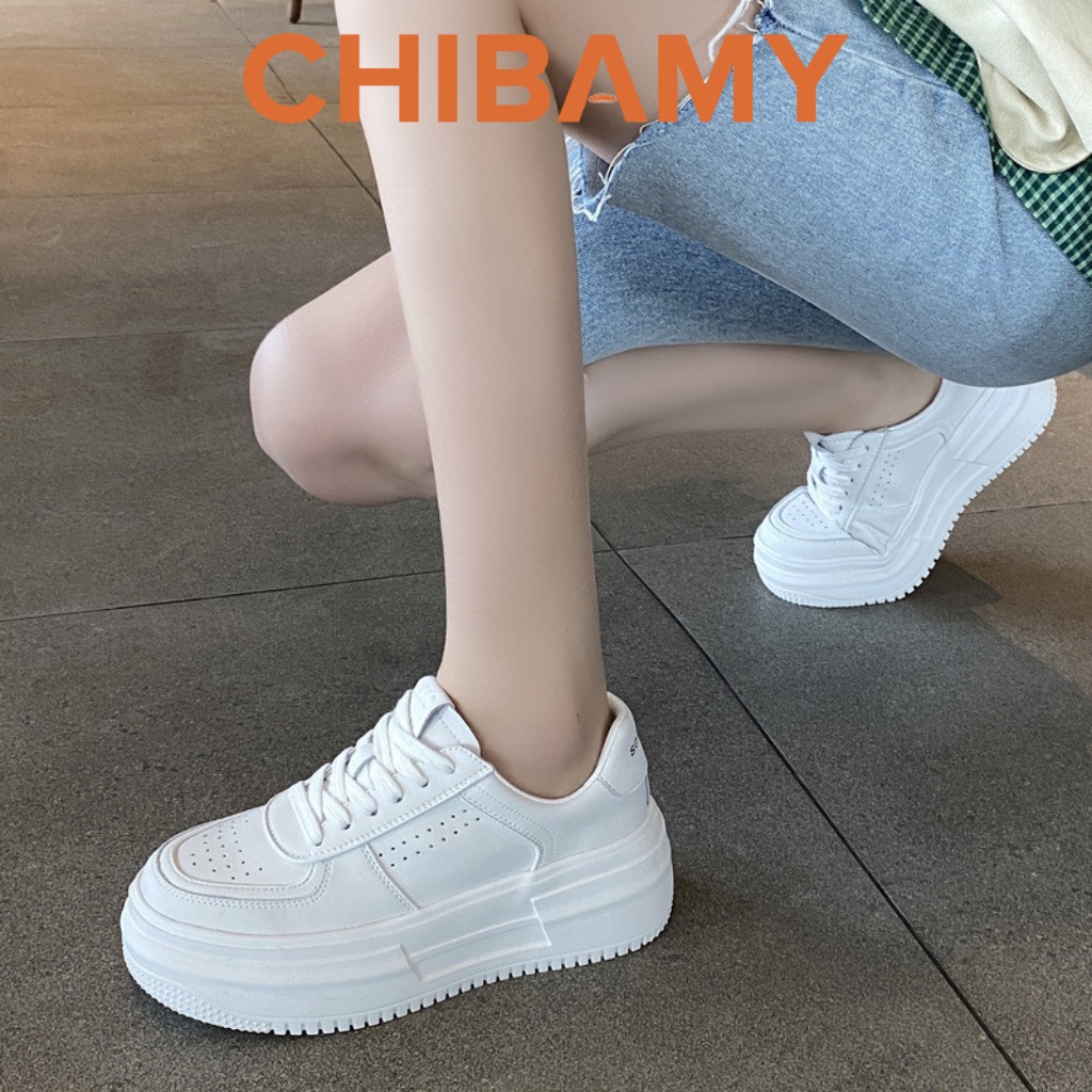 Giày thể thao nữ Trắng NK chất da lì đế cao 5cm, giày Sneaker học sinh CHIBAMY