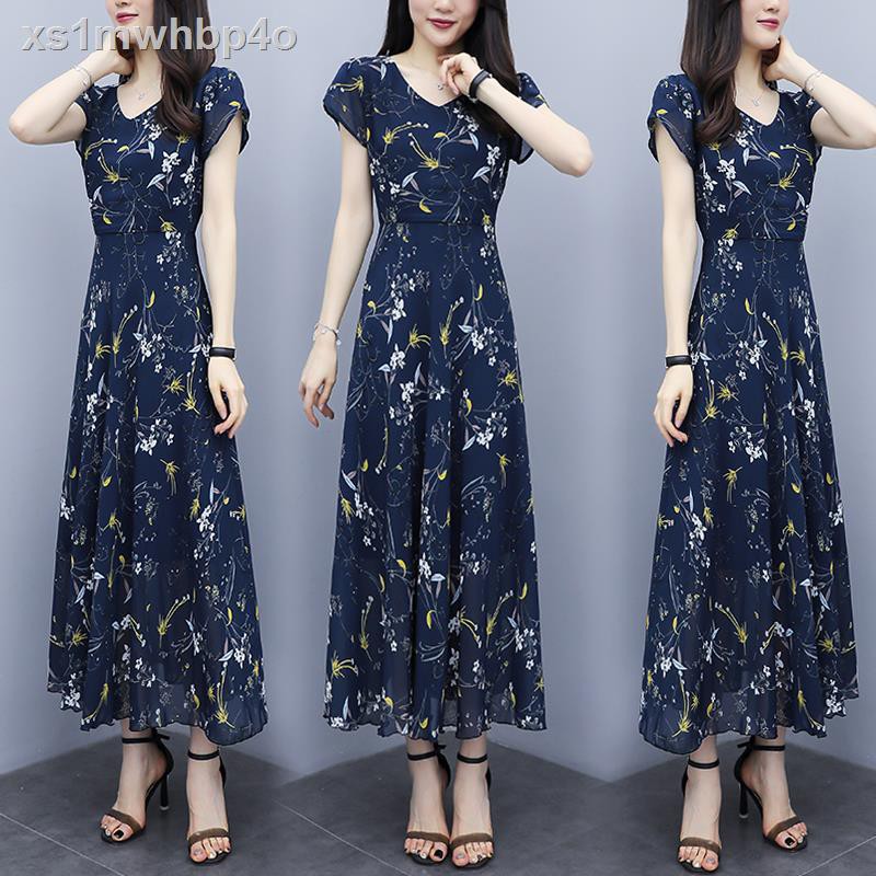 Chân váychân váy 2 lớp❄◎✇Summer 2020 váy midi hoa nữ mới, voan thời trang mẹ, rộng cho phụ trung niên plus size