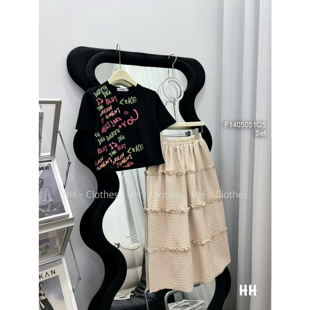 Set bộ 2 món áo thun dáng ngắn in chữ tay con kèm chân váy xòe phối viền bèo!