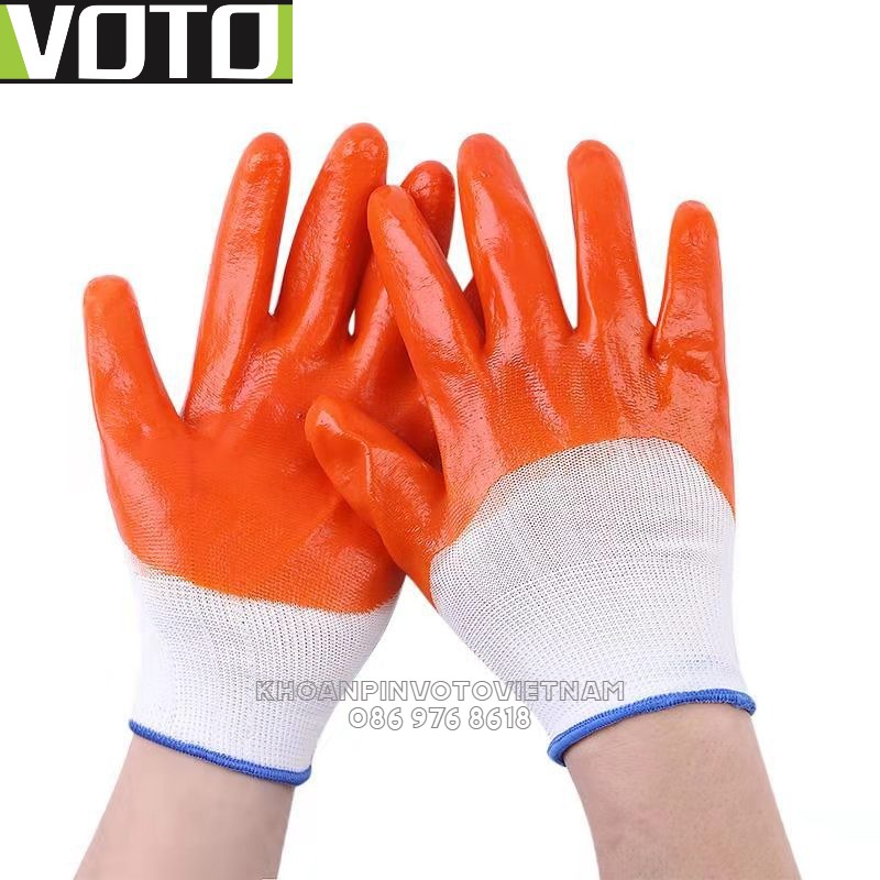 Găng tay bảo hộ lao động phủ PVC màu cam VOTO