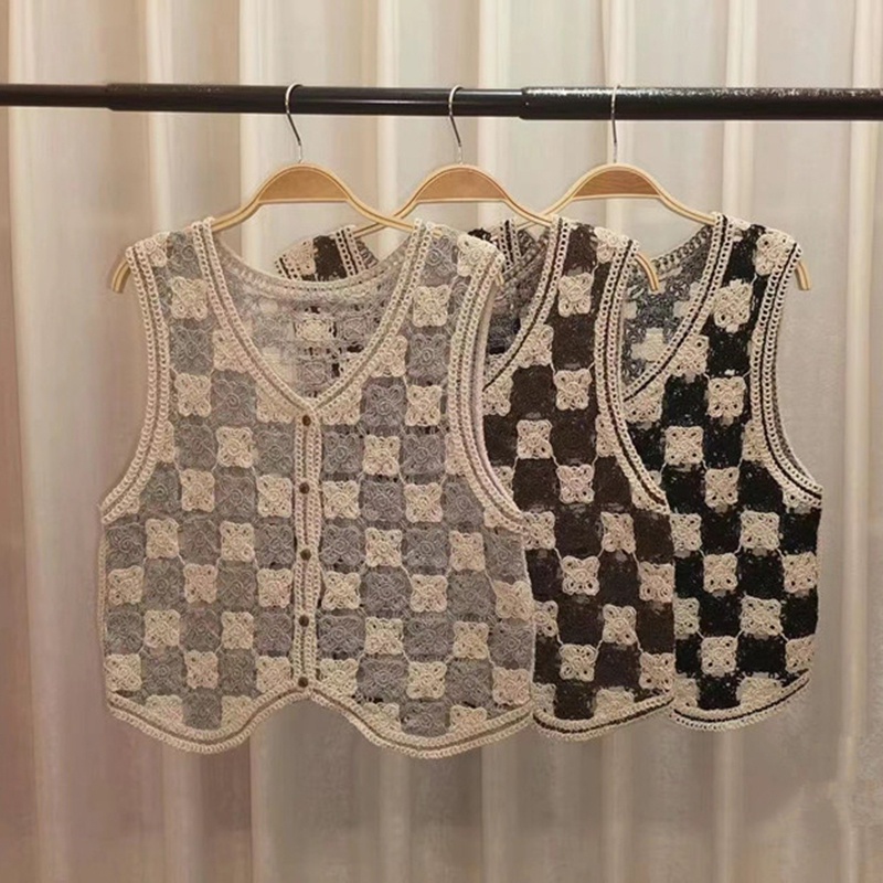 Áo khoác cardigan không tay cổ chữ V họa tiết sọc caro thời trang cho nữ