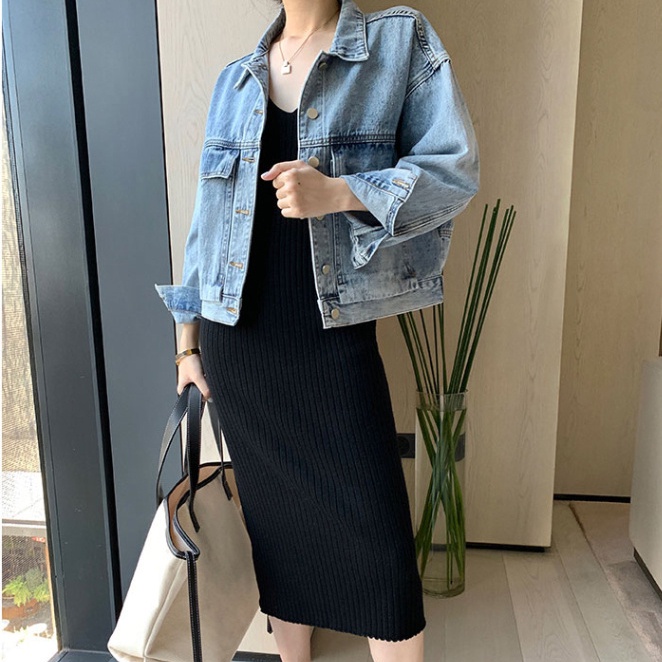 Đầm midi SUXI dệt kim cổ chữ V thời trang mùa hè cho nữ