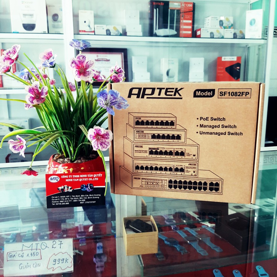 Switch mạng 8 cổng PoE APTEK SF1082FP 2 cổng uplink 10/100 Mbps truyền tín hiệu và nguồn với khoảng cách 250m