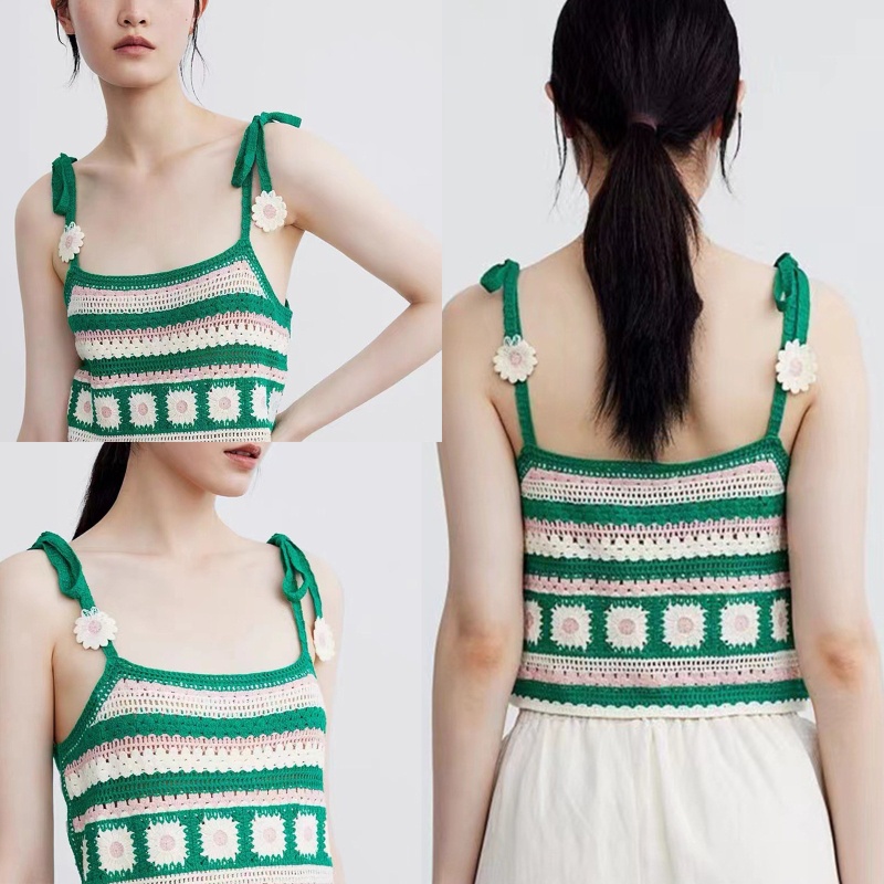 Brroa Áo Croptop Dệt Kim Kẻ Sọc / Hoa Khoét Rỗng Buộc Dây Cho Nữ