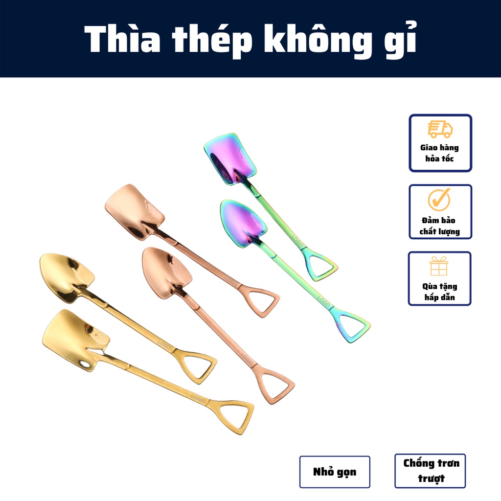 Thìa Xẻng Inox mạ vàng muỗng decor ăn hoa quả kem đồ khai vị bằng thép không gỉ cao cấp thiết kế sang trọng