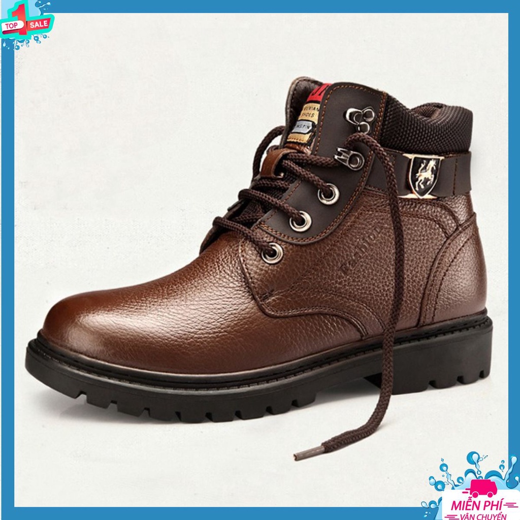 Giày Boot Nam Cao Cổ Da Bò Thật Dây Buộc Đế Cao Su Đúc