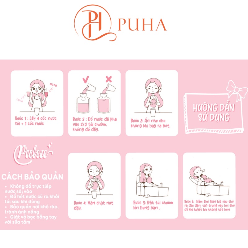 Túi chườm ấm nóng Puha 1300ml đa năng tiện ích, sưởi ấm bụng kinh quà tặng bạn gái ý nghĩa