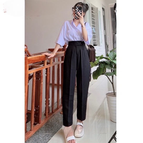 Quần tây công sở nữ lưng cao - kiểu dáng quần baggy - ống đứng chất vải tuyết mưa màu đen - 2 khuy lệch