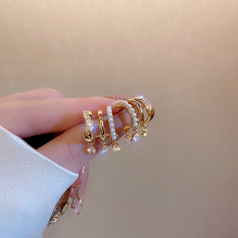 Bông Tai Hình Học Ba Lớp Đính Ngọc Trai Zircon Phong Cách Hàn Quốc Cho Nữ