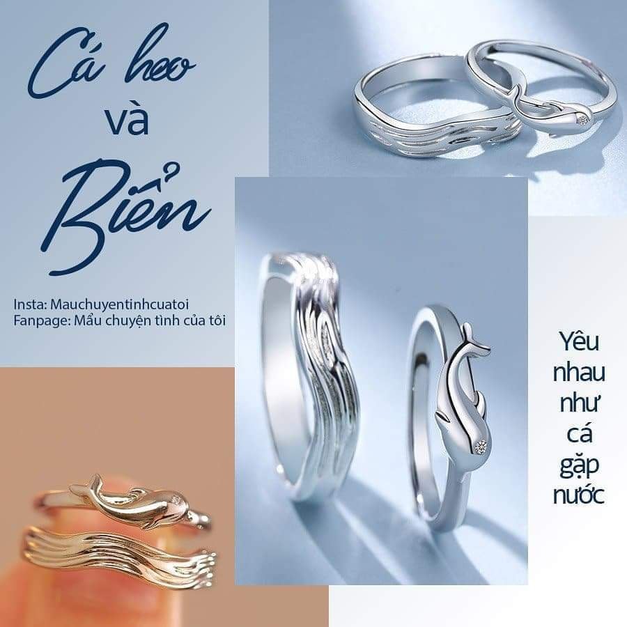 Nhẫn bạc cá heo và biển - Nhẫn bạc cặp đôi -Tặng hộp Fullbox  - Mẩu chuyện tình của t