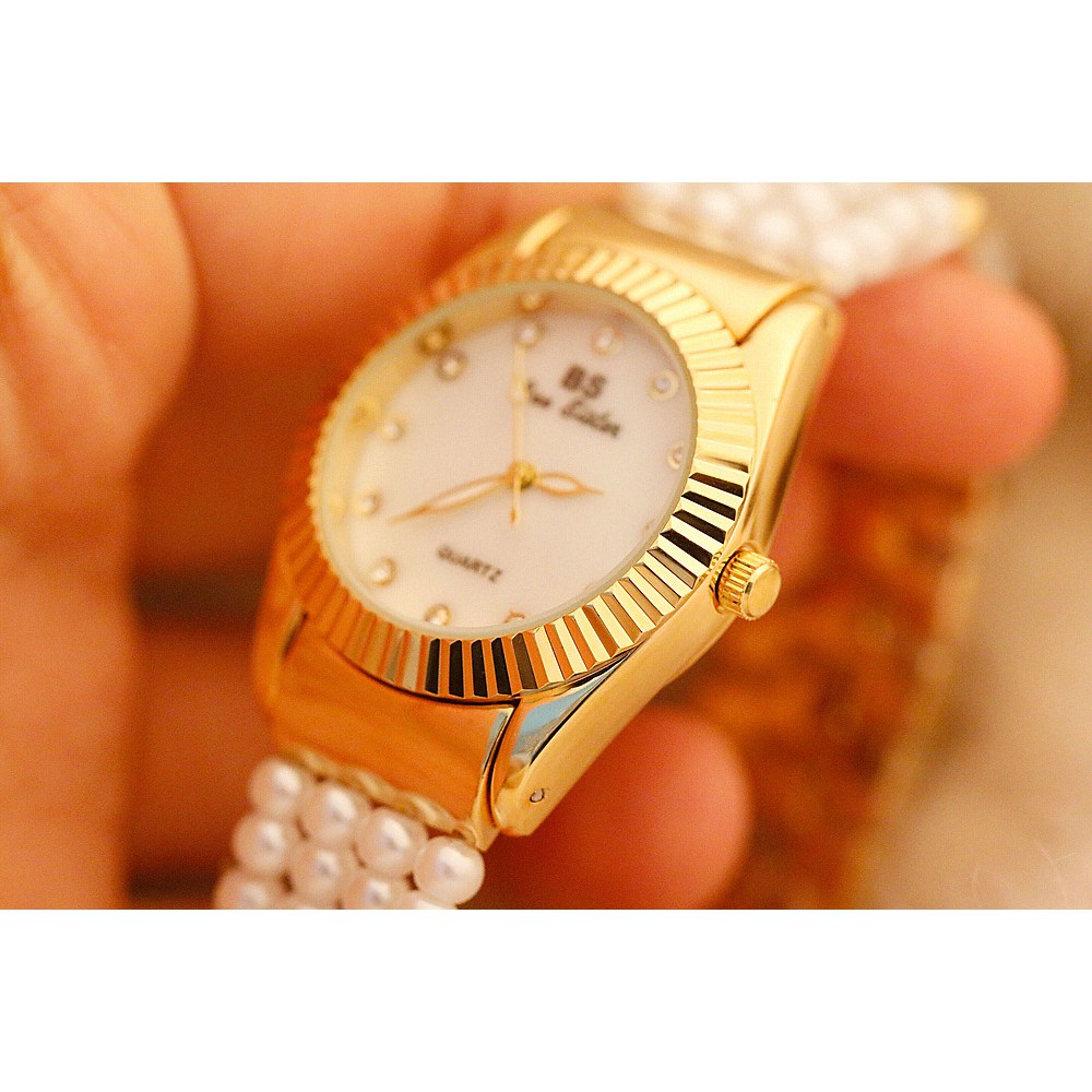 Đồng hồ nữ chính hàng Bee Sister cao cấp, dây ngọc trai và viền vàng, đính đá lấp lánh như kim cương | BigBuy360 - bigbuy360.vn