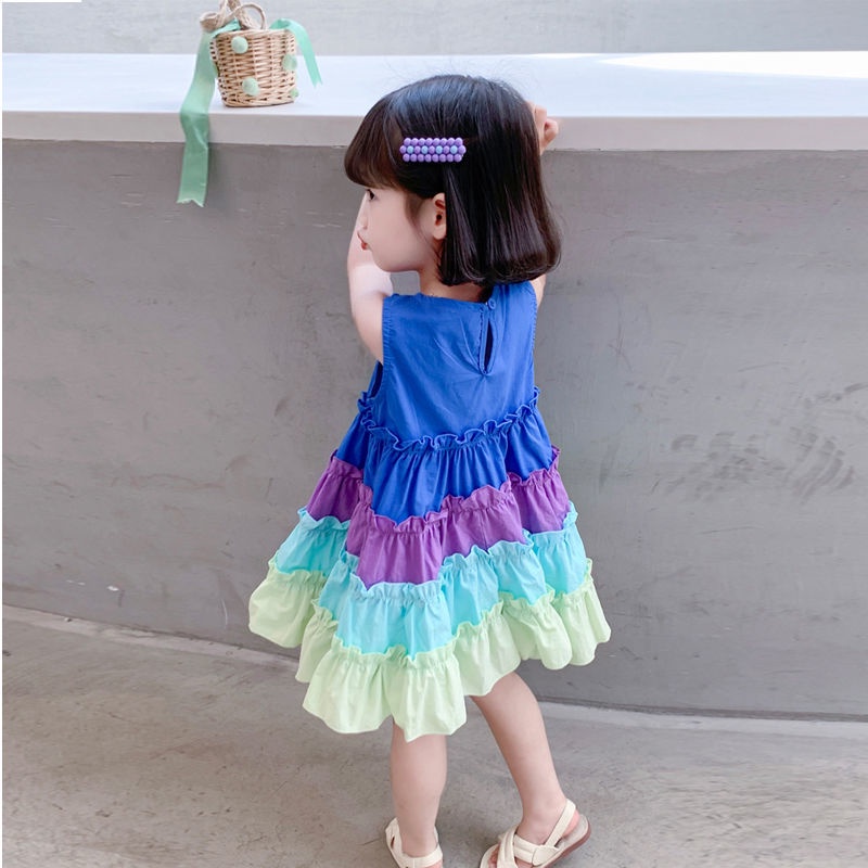 Đầm Công Chúa Không Tay Màu Cầu Vồng Thời Trang Mùa Hè Hàn Quốc Mới 2022