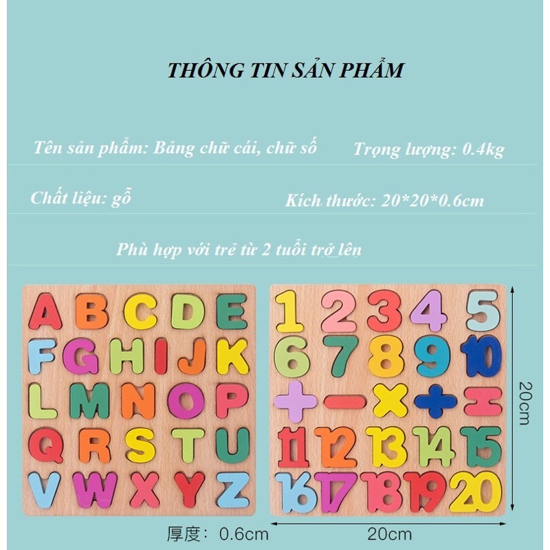 Bảng gỗ nổi chữ Tiếng Việt,bảng số từ 1-20 và phép tính cho bé (size 20x20)