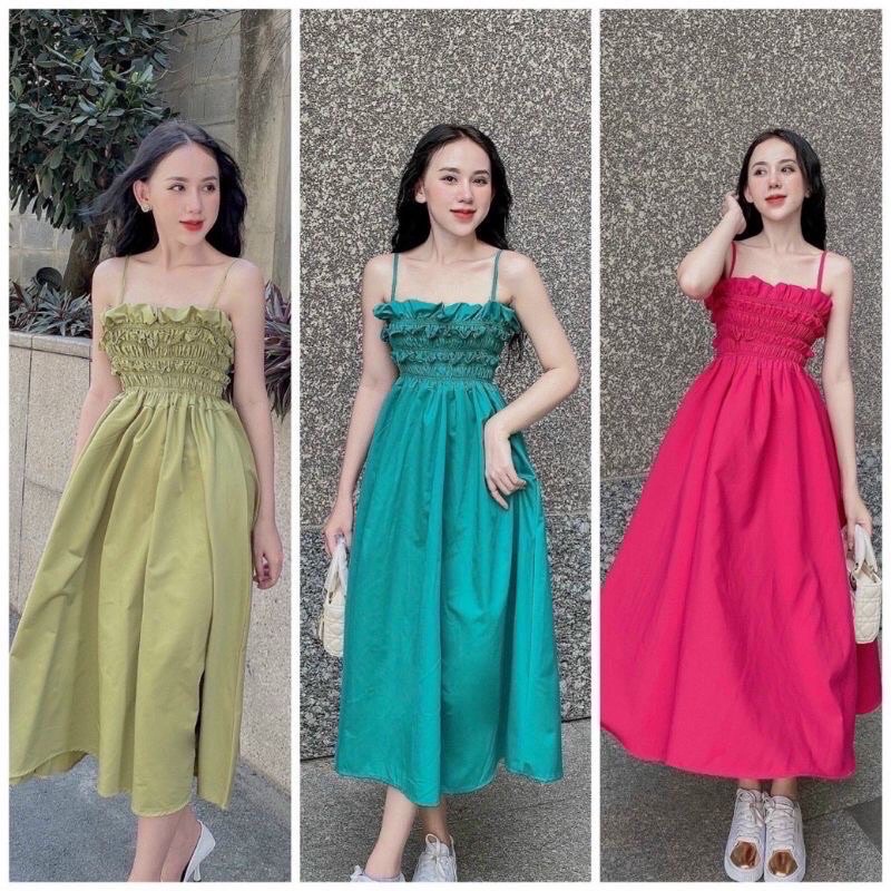 Đầm Maxi hai dây nhún ngực dáng xoè dài siêu xinh