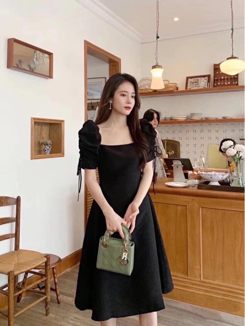Đầm dài 2 lớp cổ vuông tay bánh mì rút nơ - Mama Dress | BigBuy360 - bigbuy360.vn