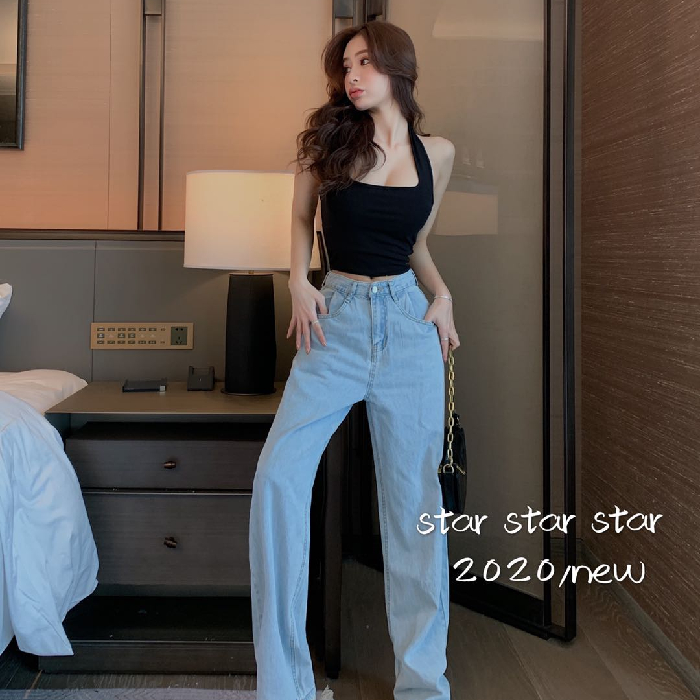 Quần jeans dài ống rộng phong cách Hàn Quốc cá tính cho nữ