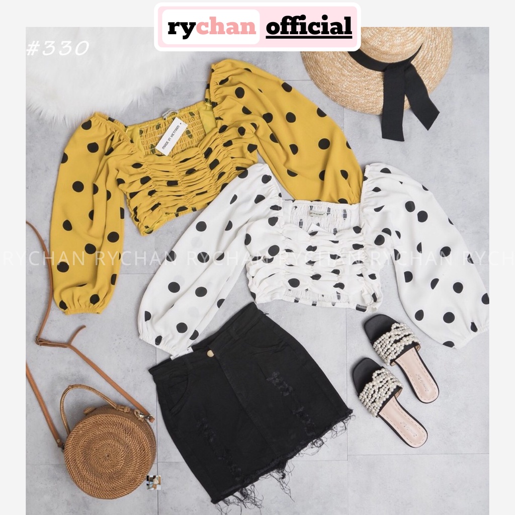 CR827 - Áo Croptop Bi Nhún Tay Phồng Nhiều Màu Kèm Hình Thật