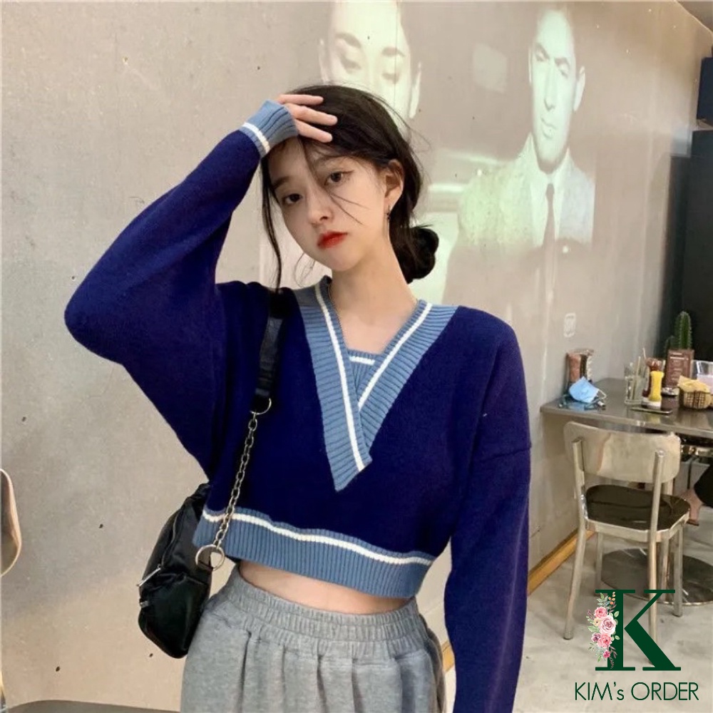 Áo len nữ croptop cổ chữ V dài tay màu đen ghi xanh than be phong cách Hàn Quốc, tặng dây buộc tóc, tặng túi thơm