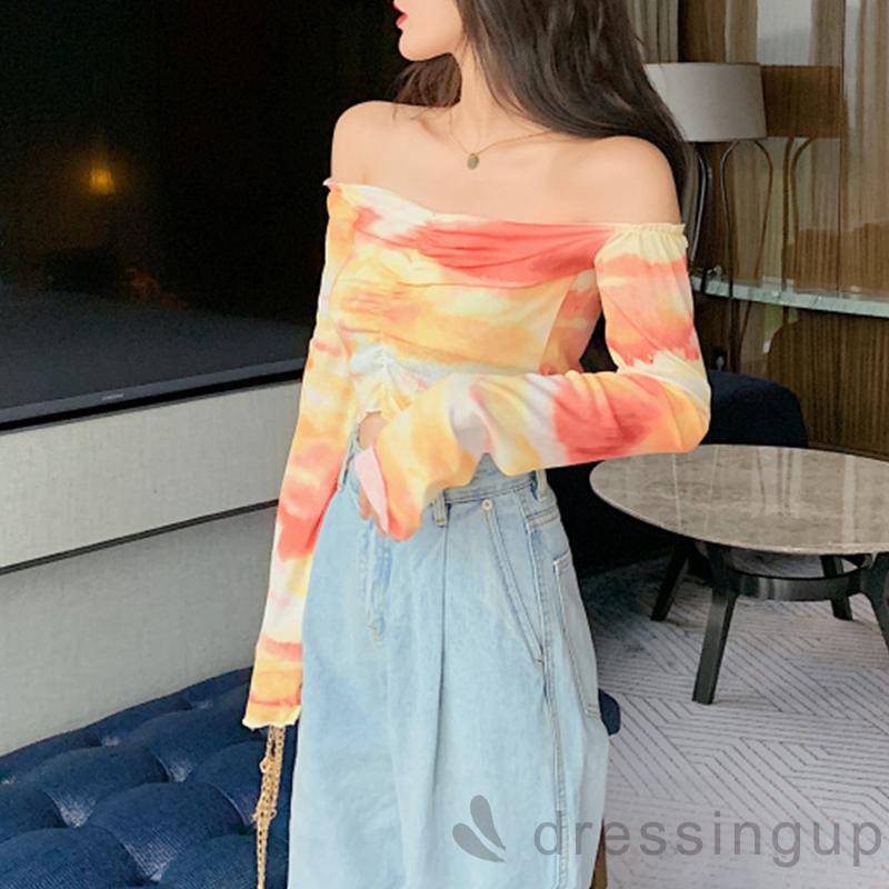 Áo Croptop Tay Dài Cổ Thuyền Màu Nhuộm Thời Trang Cho Nữ