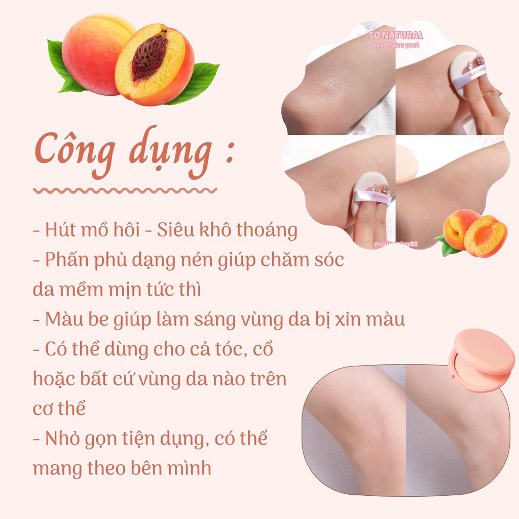 Phấn nách đào, Phấn nách bột khô SO NATURAL Peach Deo Pact Hương đào khử mùi, giảm thâm, làm da sáng mịn