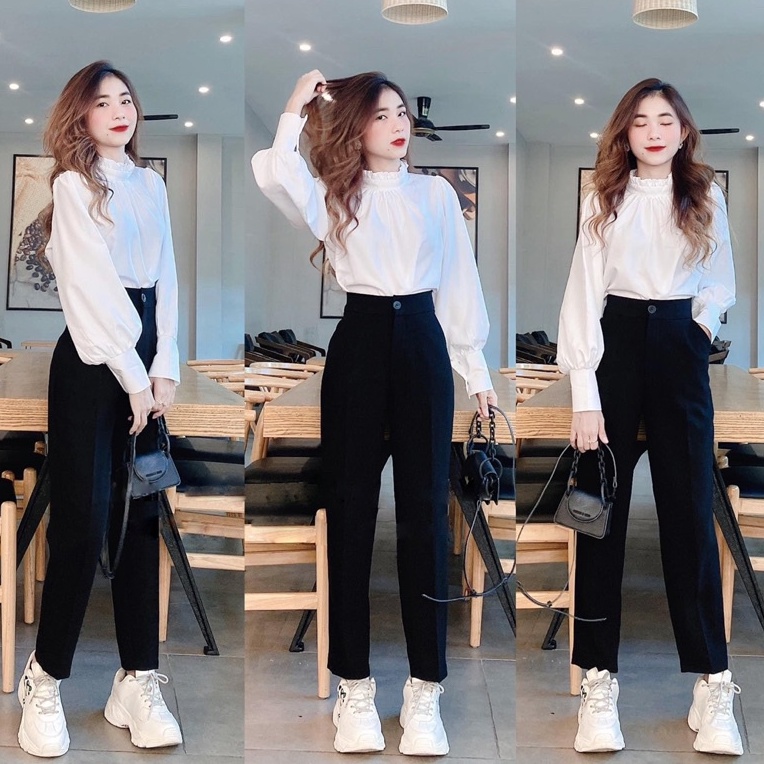 Quần tây đen nữ lưng cao dáng dài đi học màu xanh đen vải mềm ống đứng Quần tây âu baggy nữ cạp cao bigsize công sở làm