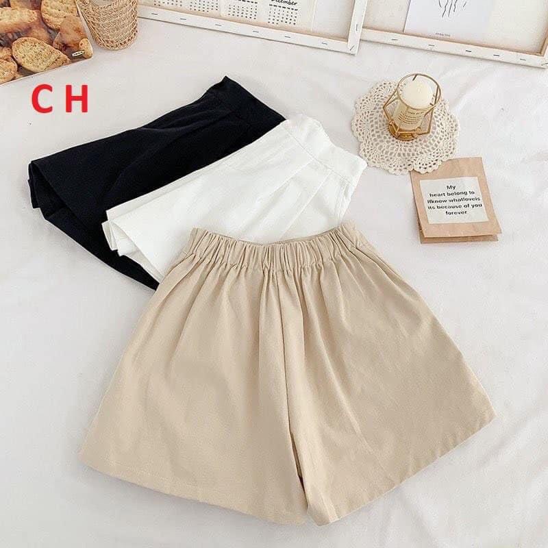 Quần short nữ ống rộng kaki basic, quần đùi kaki nữ cạp cao chun sau về 3 mầu đen trắng be phong cách ulzzang hàn quốc