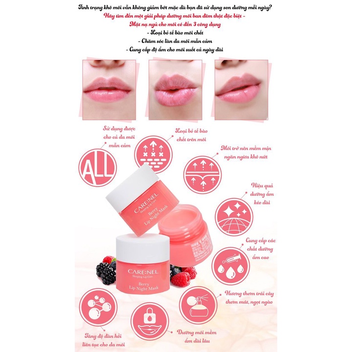 Mặt nạ ngủ môi giúp cấp ẩm, tẩy tế bào chết và chống lão hoá môi Care:nel Sleeping Lip Care Lip Night Mask 5g