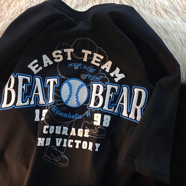 Áo Thun Tay Ngắn Form Rộng Họa Tiết Thêu Hình Gấu Theo Phong Cách Retro Mỹ