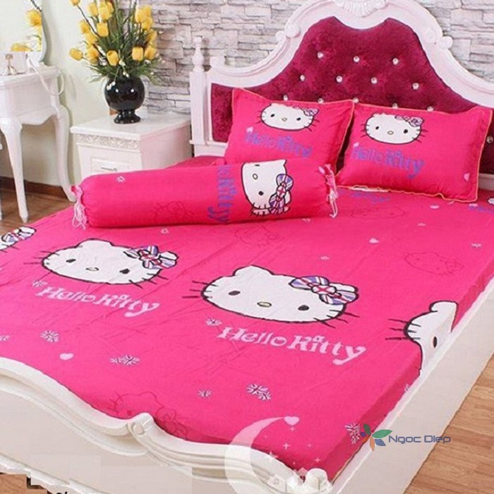 Bộ 3 món ga gối poly cotton kitty đỏ (Kitty cờ Anh)